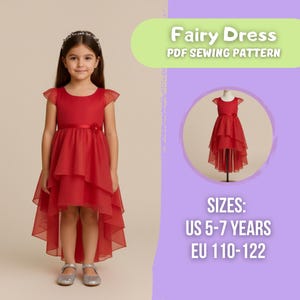 May include: A young girl in a red fairy dress with a layered skirt and a flower detail at the waist. The dress has short sleeves and a high-low hemline. The image also includes a smaller image of the dress and text that reads "Fairy Dress PDF Sewing Pattern".