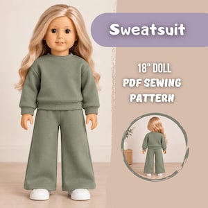 Könnte beinhalten: Eine Puppe mit langem blonden Haar trägt ein langärmeliges Sweatshirt in Salbeigrün und eine passende weite Hose. Der Text lautet Sweatsuit 18" DOLL PDF SEWING PATTERN. Ein kreisförmiger Einsatz zeigt die Rückansicht des Outfits an einer Puppe.