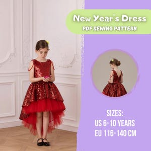 Puede incluir: Vestido rojo con lentejuelas, falda escalonada y bajo asimétrico. El vestido es sin mangas y se combina con zapatos negros. La imagen incluye texto que dice "New Year's Dress PDF Sewing Pattern" y "EU 116-140 CM".