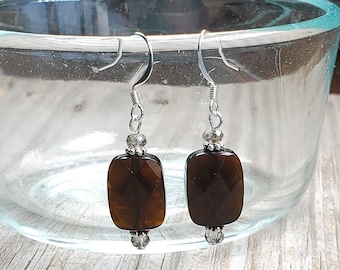 Faceted Smoky Quartz and Czech Glass Earrings - Gold or Silver Findings