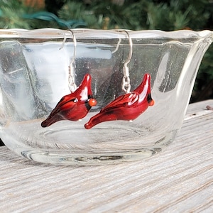 Handmade Lampwork Glass Cardinal Earrings , Available with silver or gold findings, Hypoallergenic earwire options