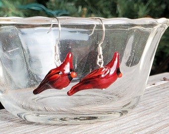Handmade Lampwork Glass Cardinal Earrings , Available with silver or gold findings, Hypoallergenic earwire options