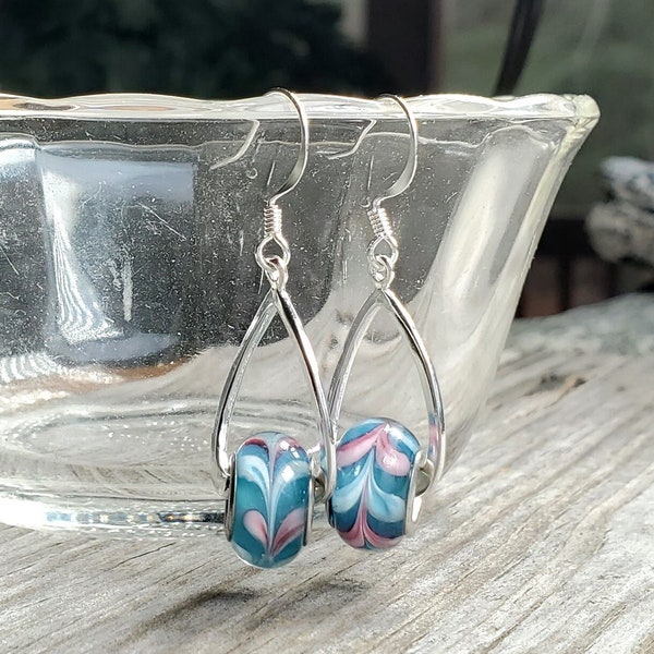 Turquoise Blue Lampwork Glass with Pink and White Swirl Earrings, Loop earrings, Long earrings, Hypoallergenic earwire options