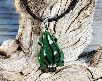 Green Lampwork Glass Frog Pendant and Cord, Lobster claw clasp and chain, Multiple Cord Lengths available 16 to 24 inches