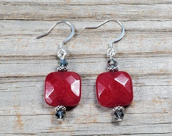 Faceted Red Candy Jade Gemstone Earrings, Silver or Gold findings available, Hypoallergenic earwire options