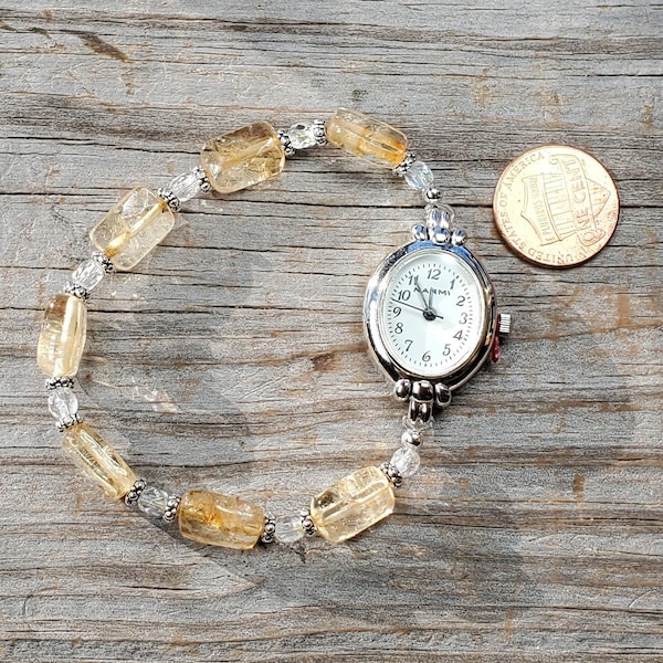 Citrine and Swarovski Crystal AB Beaded Watch, Very durable stretchy band, Yellow gemstone beaded watch, two tone watch face