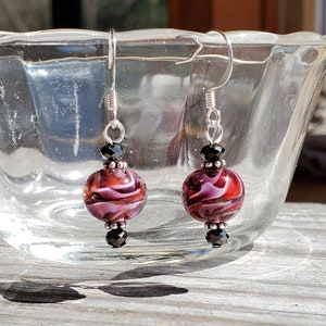 Pink, Red and White Swirl Handmade Lampwork Glass Earrings, Hypoallergenic earwire options