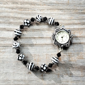 Black and White Handmade Lampwork Glass and Swarovski Crystal Watch, Very durable stretchy band, Multiple sizes available image 1