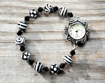 Black and White Handmade Lampwork Glass and Swarovski Crystal Watch, Very durable stretchy band, Multiple sizes available