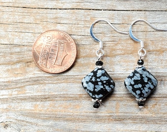 Snowflake Obsidian Diamond Shape Earrings, Hypoallergenic Earwire Options