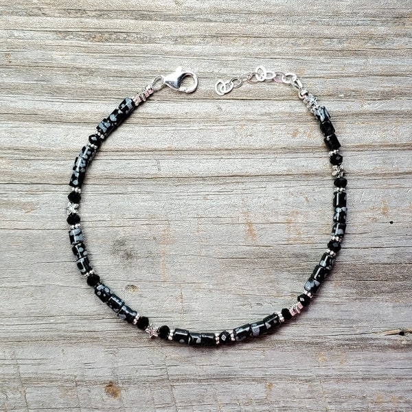 Snowflake Obsidian and Onyx Gemstone Adjustable Anklet, Multiple Sizes Available, Sterling silver clasp and chain