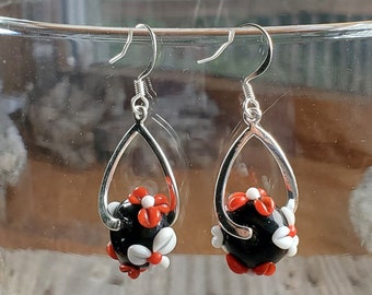 Red White and Black Flower Lampwork Glass Earrings, Hypoallergenic Earwire options