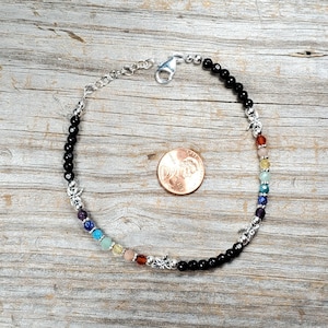 Chakra Multi Gemstone Anklet with Dragonflies, Adjustable Length, Sterling Clasp