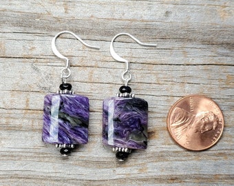 Charoite and Onyx Gemstone Earrings, Hypoallergenic earwire options