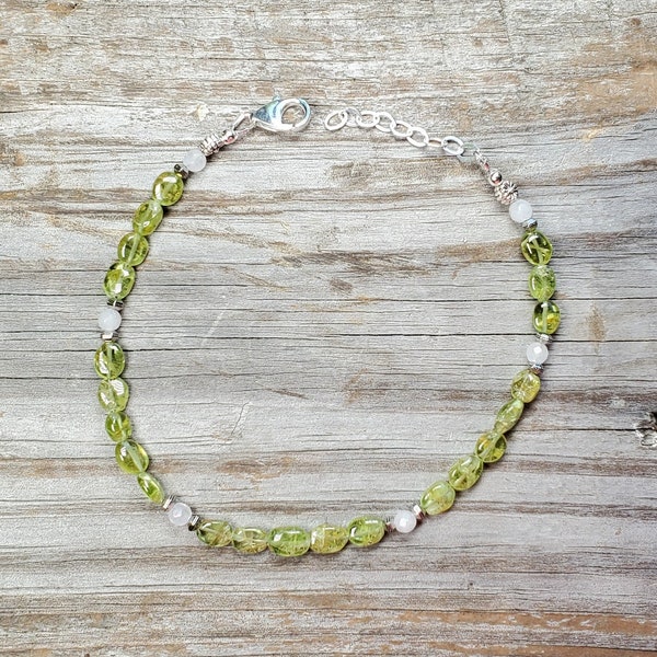 Peridot and Quartz Gemstone Adjustable Anklet, Sterling Silver Lobster Claw Clasp and Chain, Multiple Sizes Available