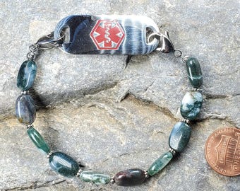 Green Moss Agate Interchangeable Medical ID Bracelet, Very durable stretchy cord