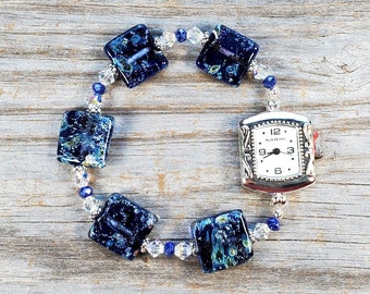 Cobalt Blue and Green Dichroic Glass Watch, Very Durable stretchy band