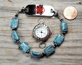 Laguna Lace Agate Gemstone Medical ID Bracelet or Watch Bracelet, Interchangeable Bracelet, Very durable Stretchy Band