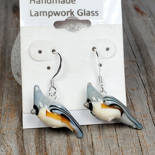 Handmade Lampwork Glass Titmouse Earrings, Grey bird earrings, Hypoallergenic earwire options
