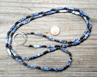 Sodalite gemstone eyeglass or ID lanyard, Blue and White Badge holder or Key holder