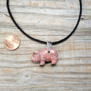 Rhodonite Pink Gemstone Pig Pendant on 16 - 24 inch adjustable length cord with silver plated lobster claw clasp