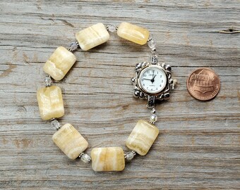 Yellow Banded Calcite Durable Stretchy Watch, Water resistant watch, multiple sizes available