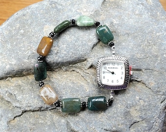 Green & Brown Fancy Jasper Gemstone Watch Bracelet, very durable stretchy band