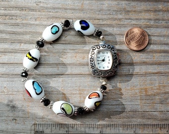 Beaded multi-color lampwork glass watch, very durable stretchy band, multiple sizes available