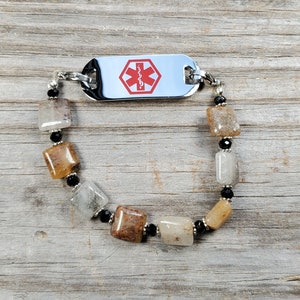 Quartz with Pyrite Medical ID Bracelet, Watch bracelet, Interchangeable bracelet, Very durable stretchy bracelet