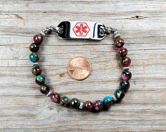 Multi Color Impression Jasper Medical ID Bracelet, Watch Bracelet, Very durable stretchy cord
