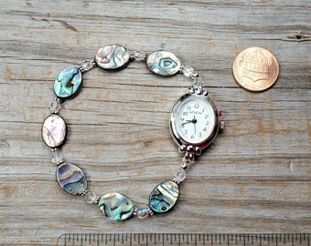 Abalone and Czech Glass Watch, durable stretchy band, multiple sizes