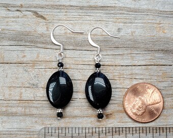 Black Onyx Oval Earrings, Silver or Gold Findings, Hypoallergenic earwire options