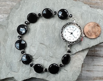 Faceted Onyx Flat Gemstone Watch Gemstone Watch, Very durable stretchy band