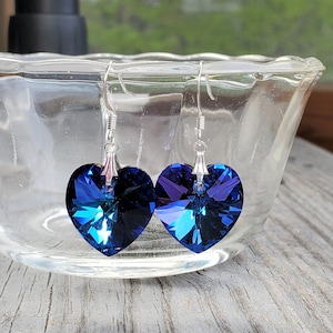 Purple Heliotrope Swarovski Heart Earrings, Rainbow reflection, Hypoallergenic earwire options