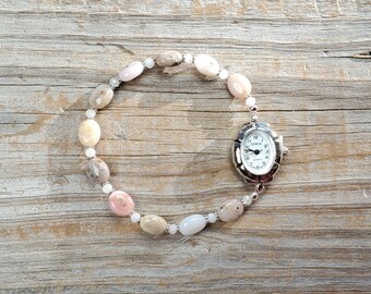 Light Pink Opal & Moonstone Gemstone Watch, Very durable stretchy band