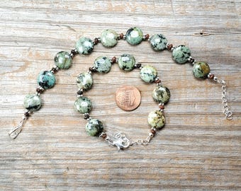 African Turquoise and Miriam Jasper Gemstone Bracelet, Adjustable Size