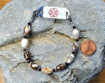 Bracelet d'identification médicale en agate brioche brune et blanche, bracelet de montre, bracelet extensible très résistant