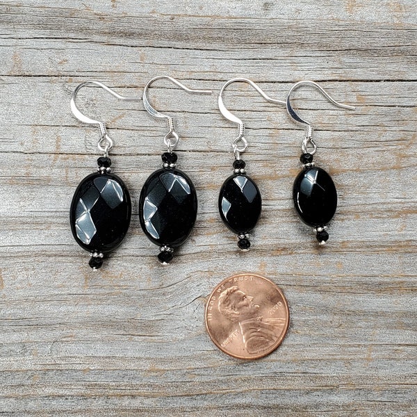 Faceted Onyx Earrings, Small or Large Ovals, Silver or Gold Findings, Hypoallergenic Earwire Options