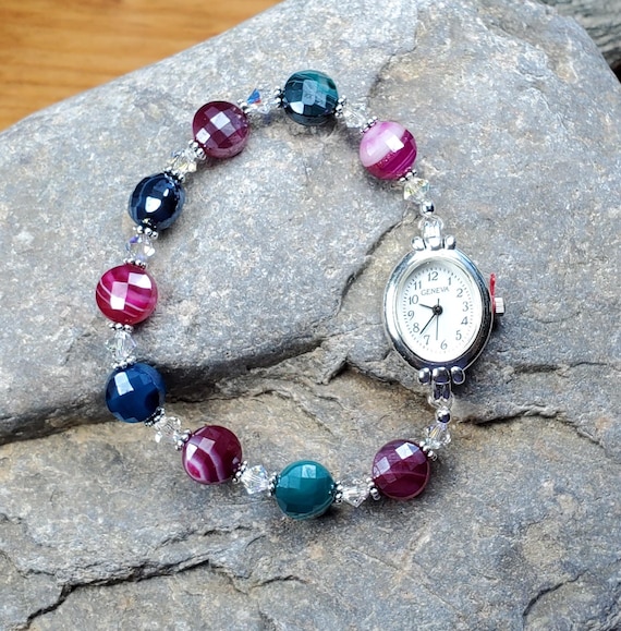 Faceted Multi-color Agate & Swarovski Watch, Very Durable  display picture 1