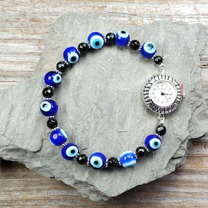 Evil Eye Glass Beaded Watch, Very durable stretchy band, Multiple Sizes Available