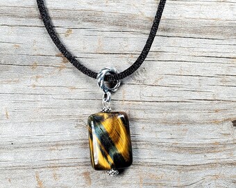 Tiger Eye Gemstone Pendant and Adjustable Cord, Lobster claw clasp and chain, Multiple lengths available