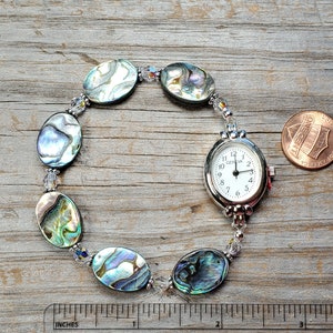 Abalone & Swarovski Crystal Watch, durable stretchy band, multiple size options