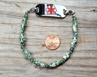 Green & White Tree Agate Medical ID Bracelet, Watch Bracelet, Very durable stretchy cord