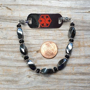 Hematite and Onyx Medical Identification Bracelet, Interchangeable for medical ID tag or watch face, Very durable stretchy band