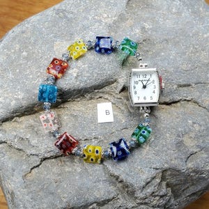 Millefiori Glass Beaded Watch, Very durable stretchy band, available in multiple sizes
