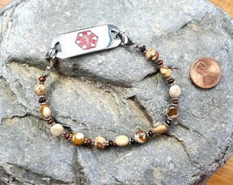 Small Brown Picture Jasper Medical ID Bracelet, watch bracelet, Very Durable stretchy cord