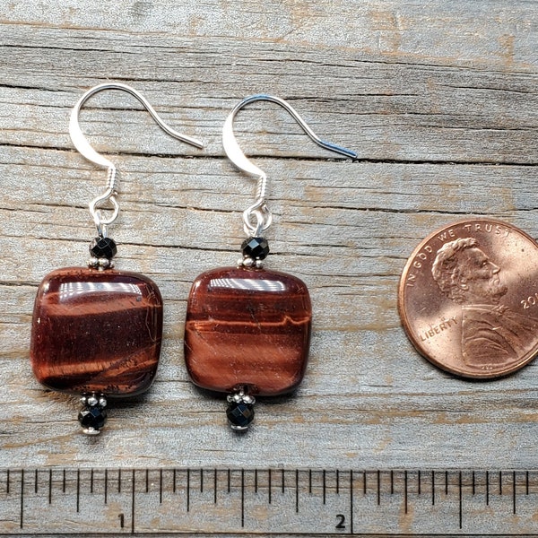 Red Tiger Eye Square Earrings, Silver or gold findings, Hypoallergenic earwire options