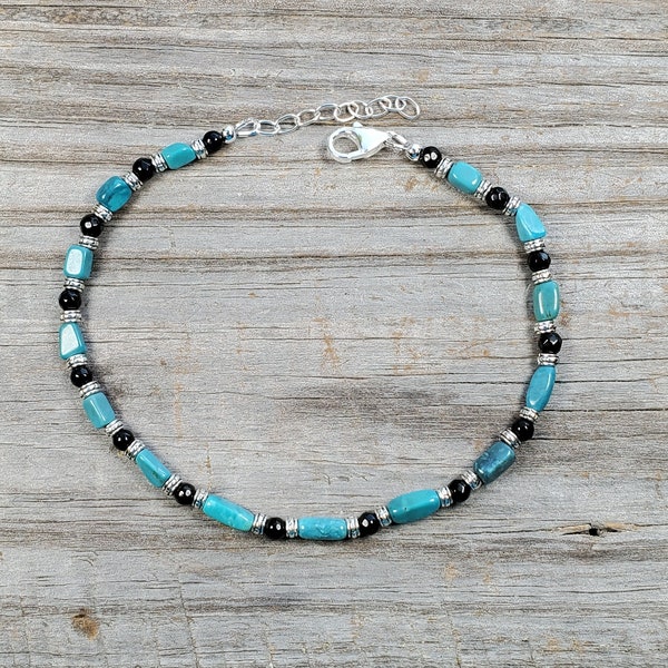 Turquoise and Onyx Adjustable Size Gemstone Anklet, Sterling clasp and chain, Multiple sizes available