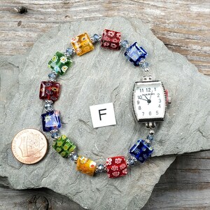 Multi Color Millefiori Glass Beaded Watch, Very durable stretchy band image 3