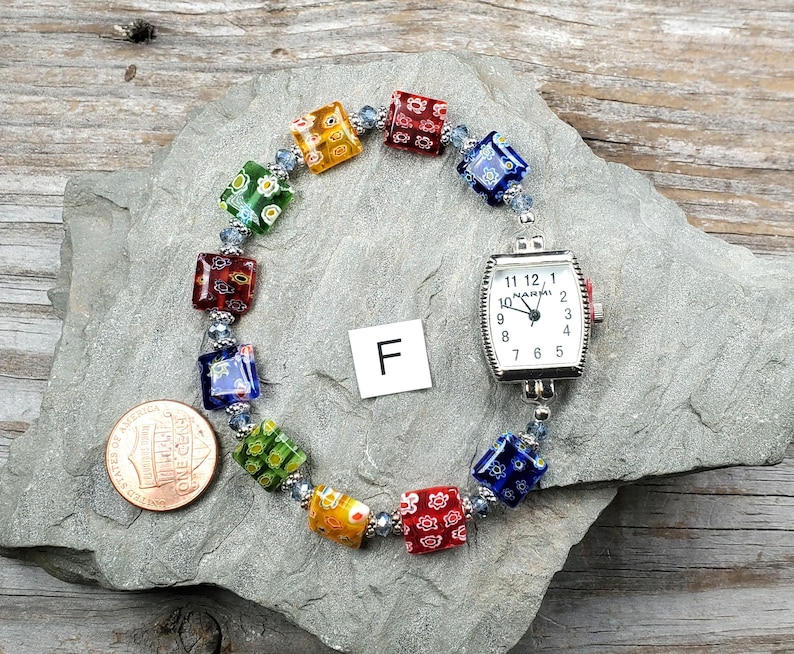 Multi Color Millefiori Glass Beaded Watch, Very durable stretchy band image 3